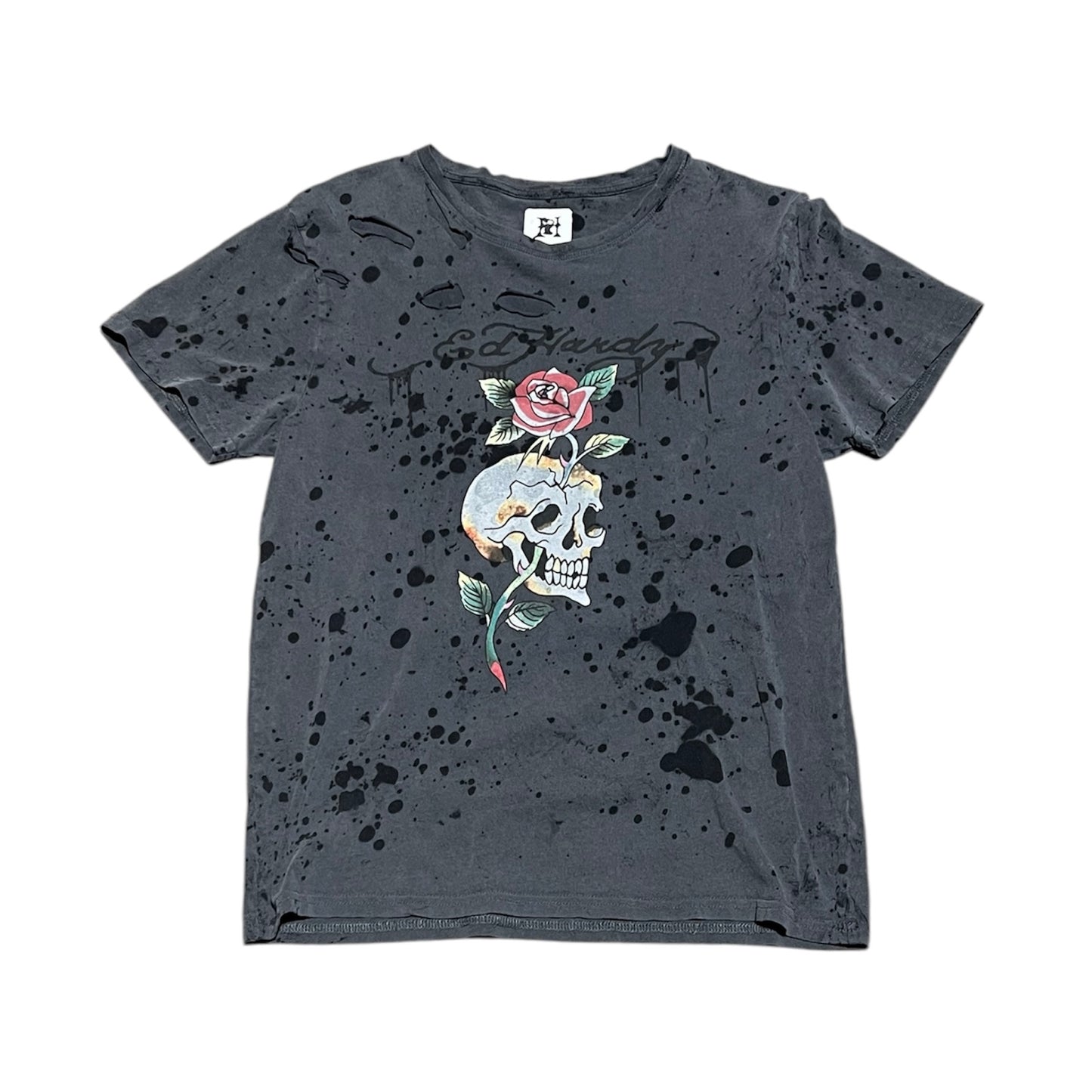 Ed Hardy Splatter Rose Skull Tee (M)