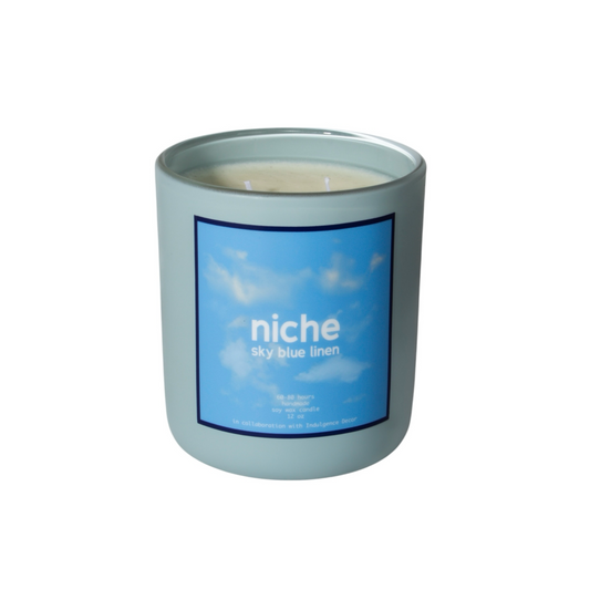 "Sky Blue Linen" 12oz Wax Candle (with Indulgence Decor)